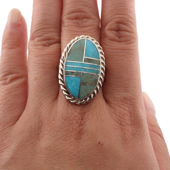 Navajo Sonoran and AZ Blue Turquoise Inlay Ring‎ Signed Handmade NA Sz 8.25US** - Picture 5 of 14